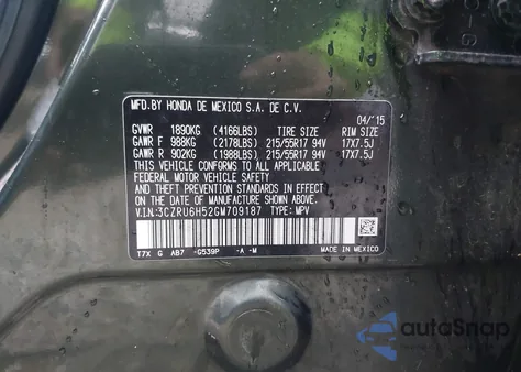 2016 Honda Hr-V Ex z USA, uszkodzony, nr VIN 3CZRU6H52GM709187